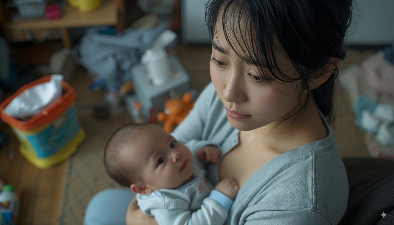 部屋が散らかって疲弊した様子のママと赤ちゃん